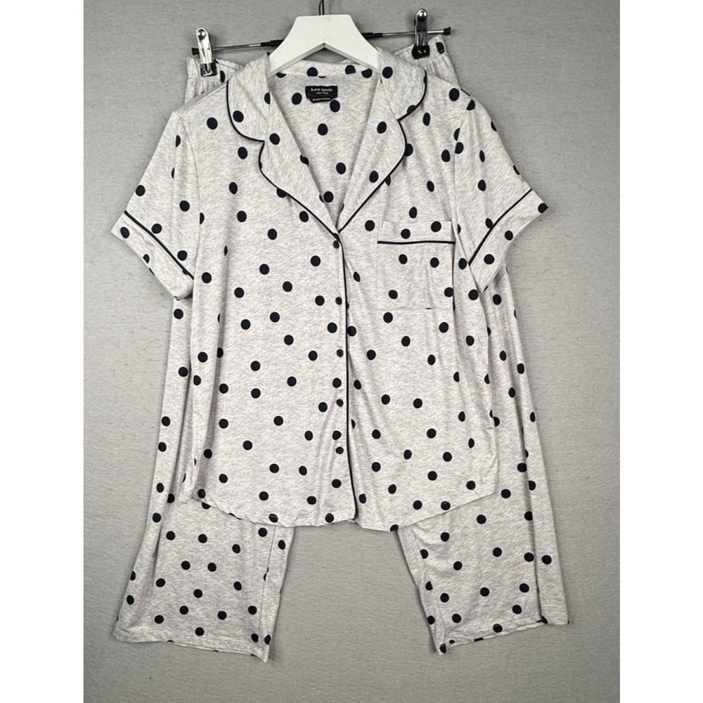 Kate Spade New York Women's Sz M Cropped PJ Set Gray Polka Dot Cozy‎ Soft